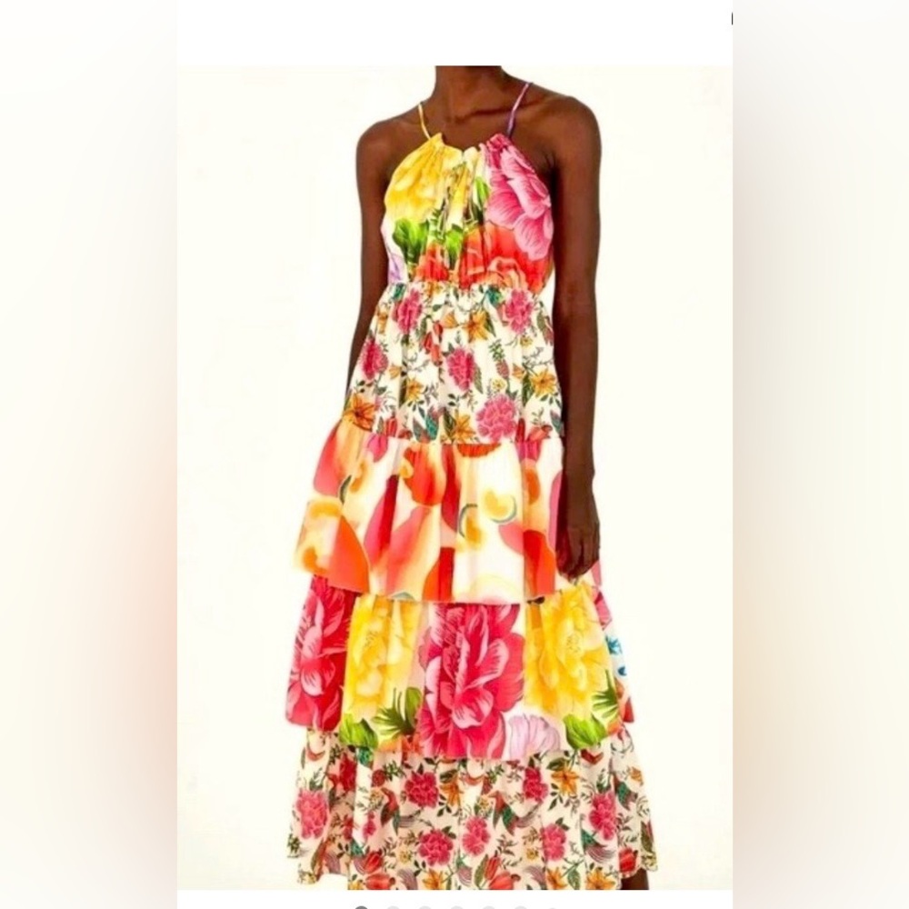 FARM Rio Mixed Prints Tiered Maxi Cotton Floral Graphic Boho Maxi Sun Dress XS